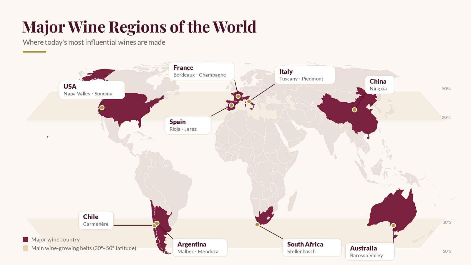 Map of major wine regions: France, Italy, Spain, USA, China, Australia, Chile, Argentina and South Africa